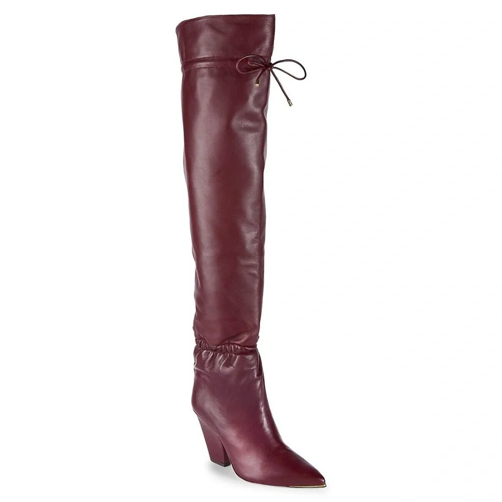 Tory Burch Lila Burgundy Leather Over the Knee Block Heel Boots Luxury 7